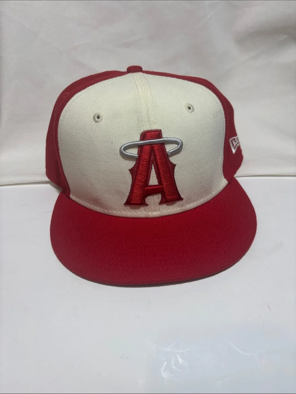 New Era Red and Cream Baseball Cap with Embroidered A Logo